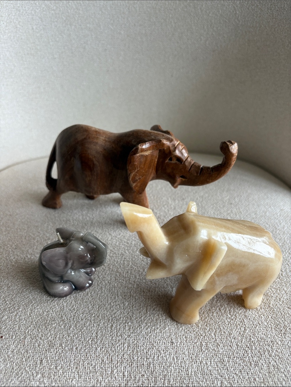 VTG Elephant Figurine Lot of 3 - Hand Carved Wood, Onyx and wax